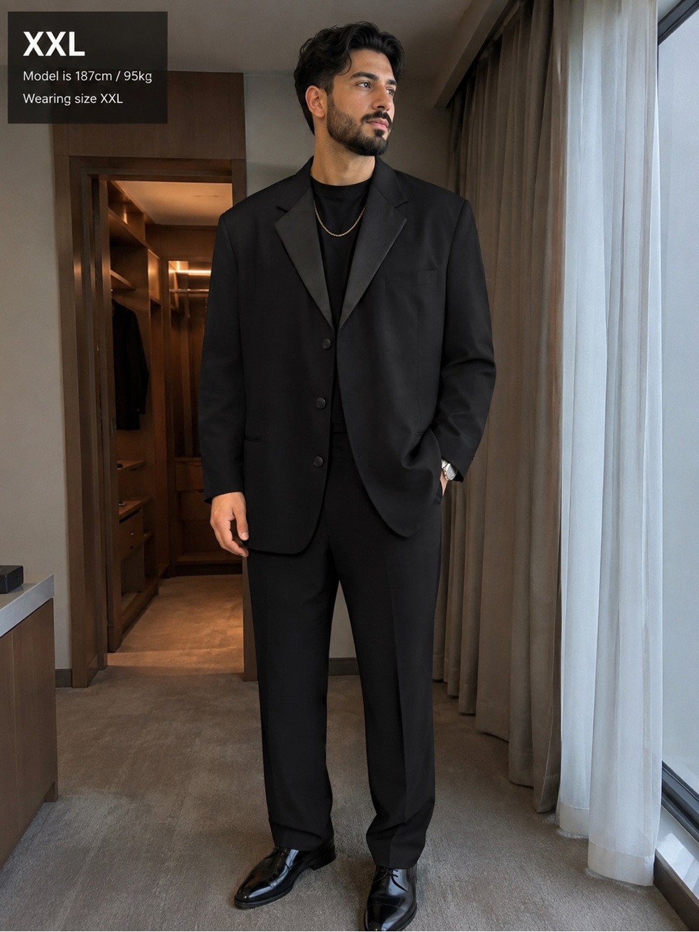 Men's Black One Piece Suit with Satin Notch Lapel